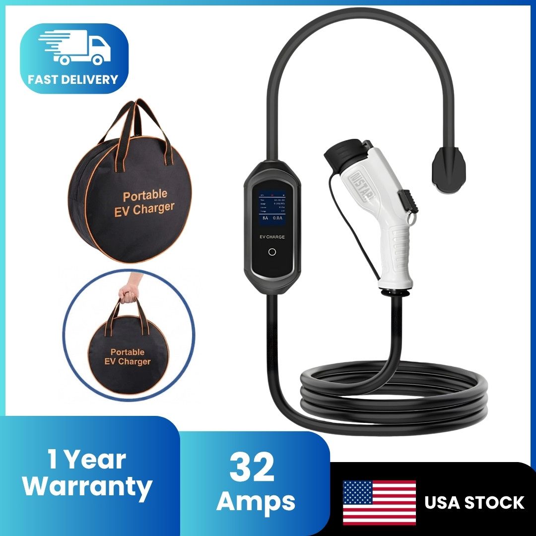 Portable Level 2 EV Charger, 32A Adjustable Screen Current Delay 240V J1722 Fast Electric Charger NEMA14-50